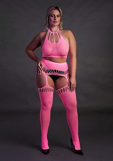 Image du produit Ouch! Two Piece with Crop Top and Stockings - Pink - XL/XXXXL (Plus Size)