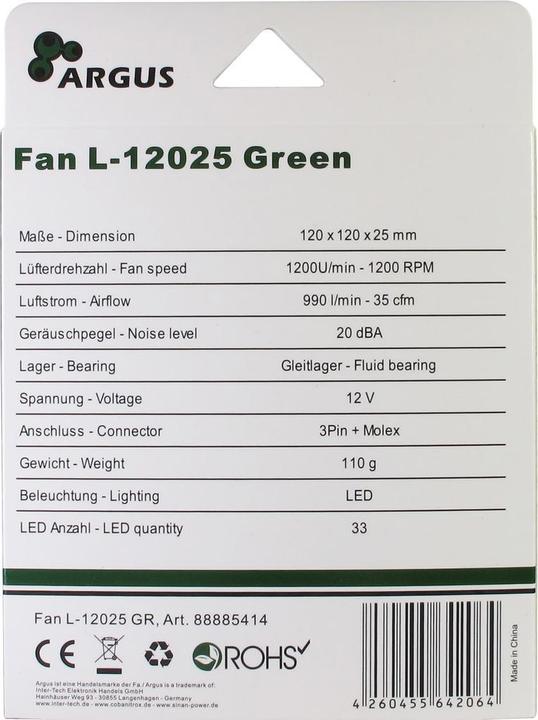 Actual product image Intertech L12025 - 120mm fan - green 1200rpm 33 LED spiral effect rubberized pads fluid sleeve bearing... (120 mm, 1 x)