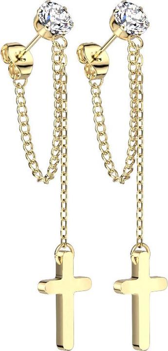 Actual product image Star Piercing Gold-plated stud earrings with round crystal silver pendant chain with cross (without brass, Surgical steel 316L)