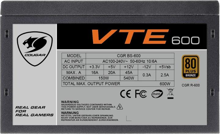Actual product image Compucase Cougar VTE600 - Power supply (internal) - ATX12V - 80 PLUS Bronze (600 W)
