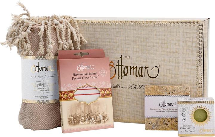 Produktbild Natura Punto 4er-Geschenkset mit Peelinghandschuh, Olivenölseife, Seifenschale, Hamamtuch (Manicure set)