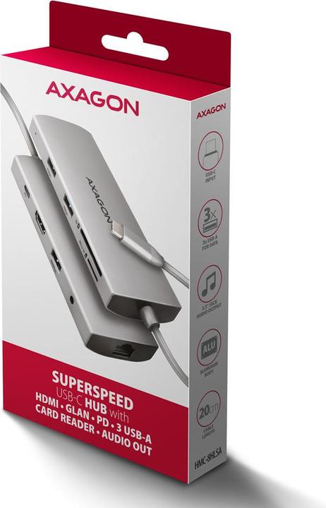 Actual product image Axagon HMC-8HLSA Wieloportowy hub USB-C 3.2 Gen 1 hub, 3x USB-A + 4K/30Hz HDMI + SD/microSD, GLAN, Audio (USB-C, 8 Ports)