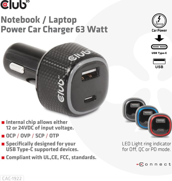 Actual product image Club 3D Club3D USB Car Charger 1xUSB C, 1xUSB A, 63W, 12/24V retail