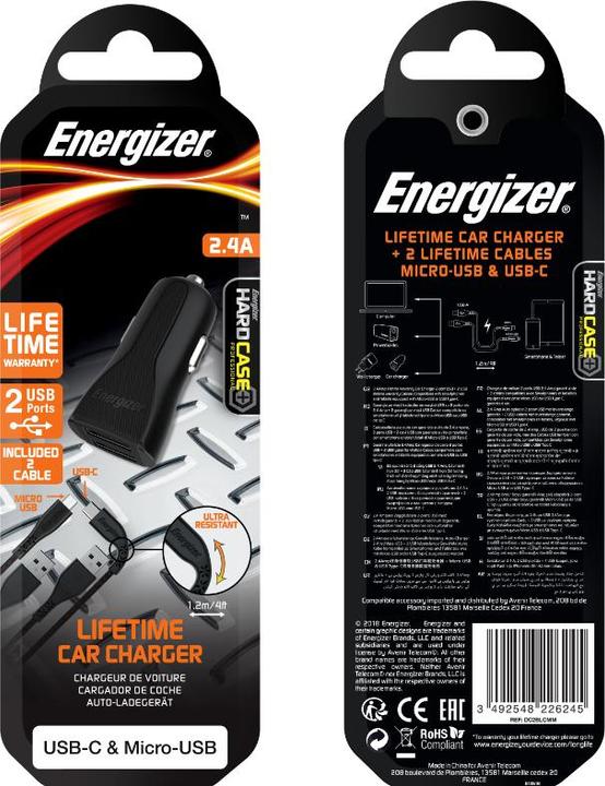 Actual product image Energizer Car Charger Lifetime Warranty - 2.4A - 1USB - incl. USB-C and Micro-USB cable