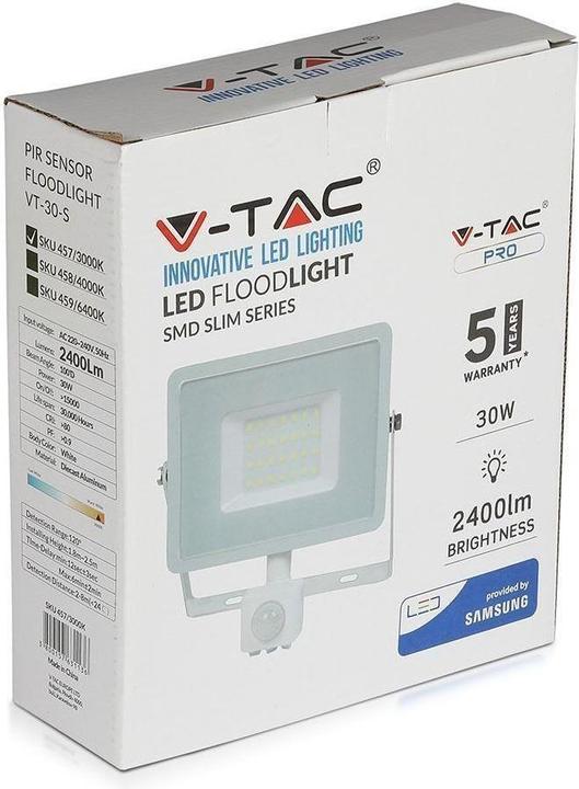 Actual product image V-TAC VT30SW 30W LED Sensor Floodlight SAMSUNG Chip Switch-off Function White Housing 6400K (2400 lm, IP65)