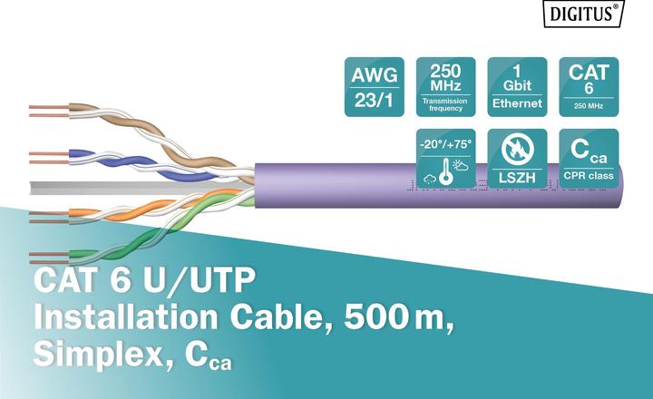 Produktbild Digitus Cat.6 U/UTP Verlegekabel, 500 m, simplex, Cca (U/UTP, CAT6, 500 m)