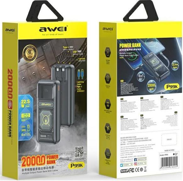 Actual product image Awei PowerBank P99K 20000mAh 22.5Wczarny/black (20000 mAh, 22 W, 22.50 Wh)