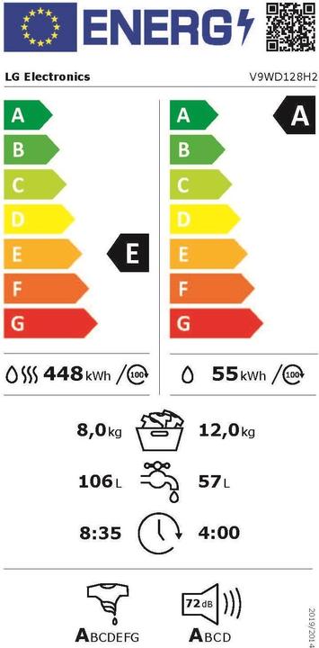 Label énergétique LG Lave-linge séchant V9WD128H2, gauche