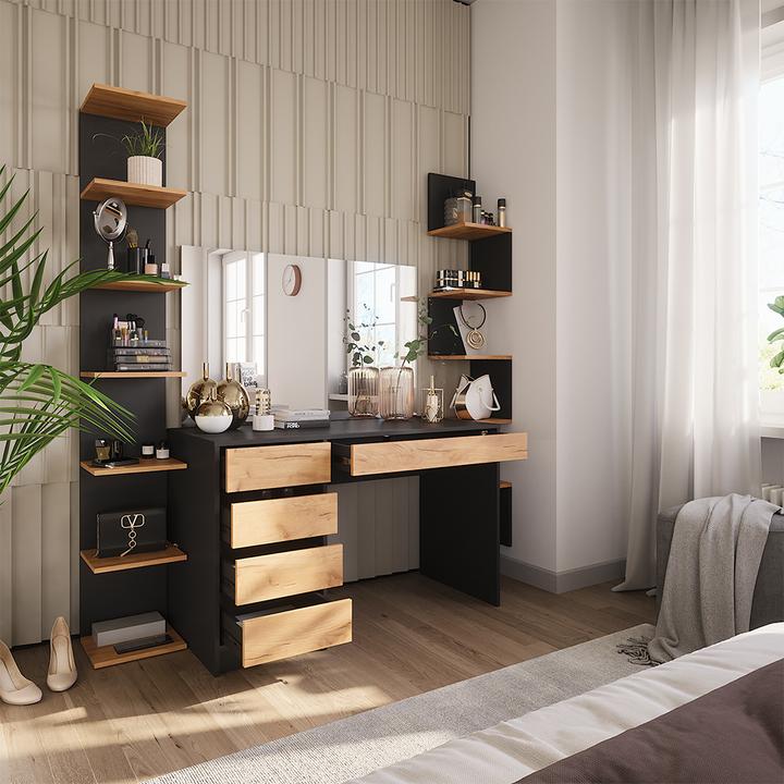 Image du produit Vicco Coiffeuse Sherry, Anthracite/chêne doré, 120 x 75 cm avec miroir LED et tabouret (120 x 75 x 55 cm)