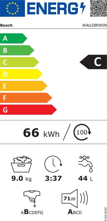 Etichetta energetica Bosch Hausgeräte Bosch WAU 28 RWIN (9 kg, A sinistra)