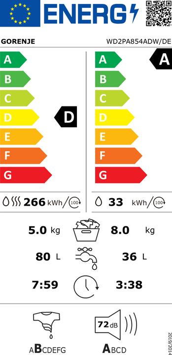 Label énergétique Gorenje WD 2 PA 854ADW/DE Lave-linge séch. D/A 8/5kg 1400U Moteur Inverter