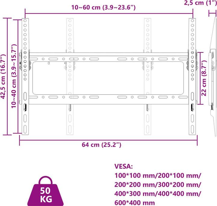 Actual product image VidaXL TV wall mount 26-63 inch screen Max VESA 600x400 mm 50kg (Ceiling, 63", 50 kg)