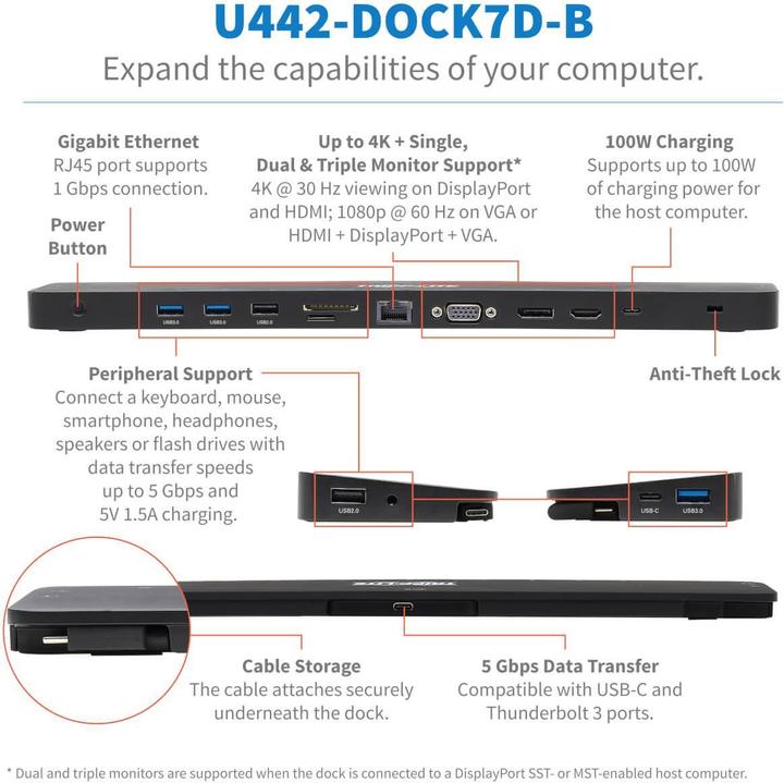 Immagine prodotto Eaton Dock USB-C triplo display 4K HDMI e DP VGA Hub USB 3.2 Gen 1 USB-A/C GbE 100W PD Cha (USB-C, 3 Porti)