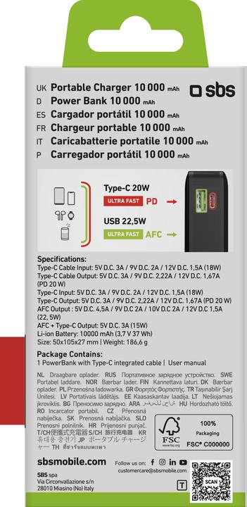 Produktbild SBS Powerbank 20.000mAh 20W PD LCD USB-C Kabel schwarz (20000 mAh, 20 W)