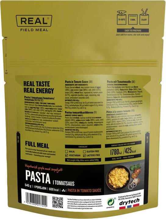 Nährwerte und Zutaten REAL Field Meal Pasta in Tomatensauce (143 g)