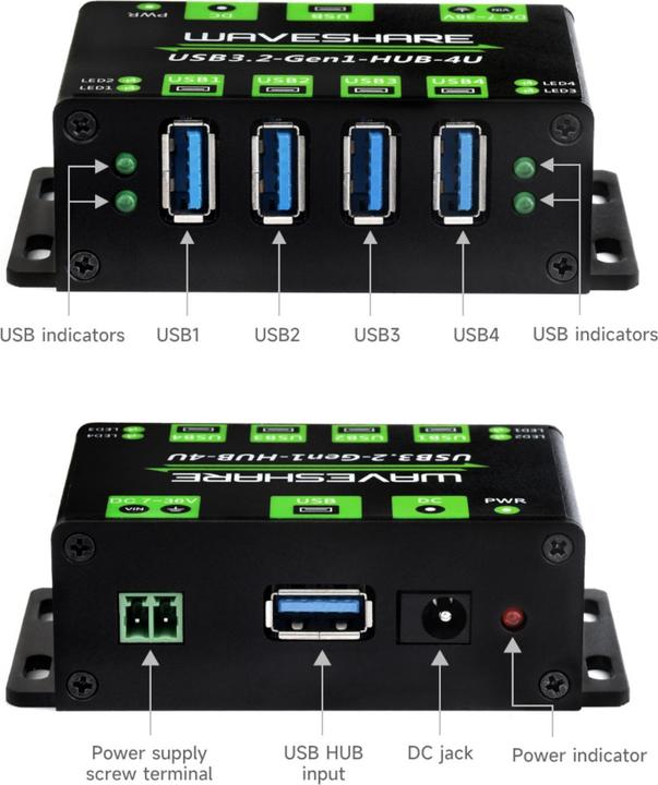 Produktbild WaveShare 4-Ch USB 3.2 Gen1 HUB Industrielle (USB-A, 4 Ports)