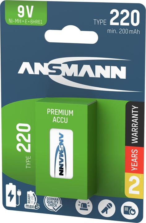 Produktbild Ansmann NiMH Akku 9V E-Block Typ 220 (min. 200 mAh) maxE 1er (9V Block, 200 mAh)