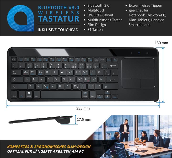 Produktbild Aplic Wireless Tastatur, Slim Bluetooth Keyboard mit Touchpad & Multitouch Gestensteuerung (DE, Kabellos)