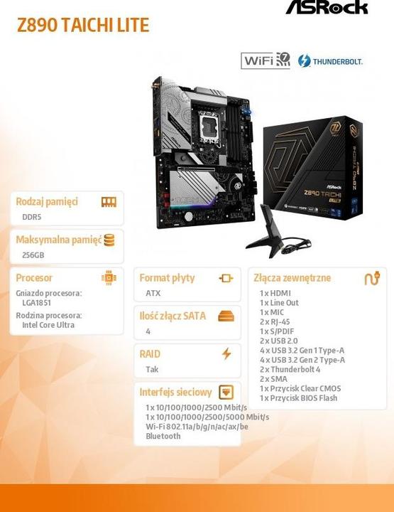 Actual product image AsRock Z890 Taichi Lite Intel DDR5 S1851 (LGA 1851, Intel Z890, ATX)