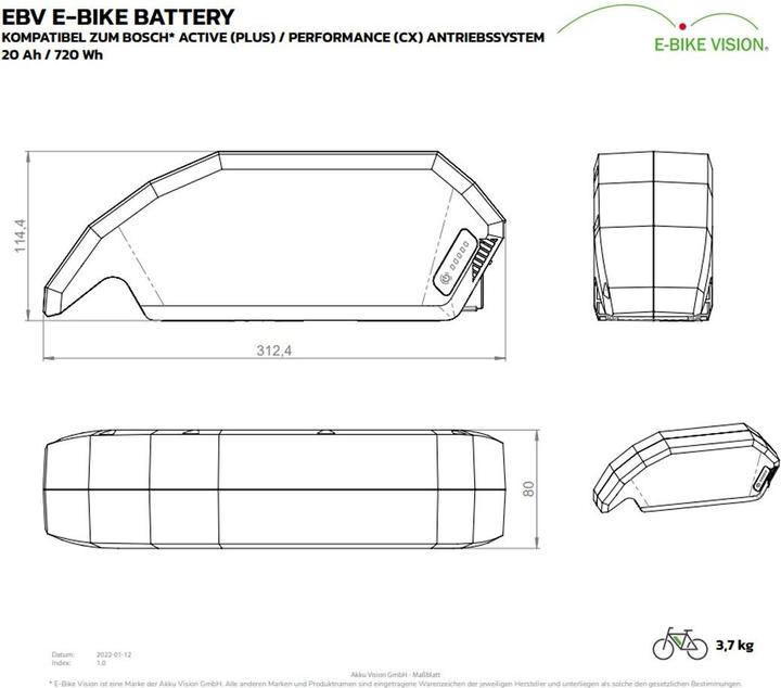Actual product image E-Bike-Vision Battery BOSCH POWERPACK AKKU 500 PERFORMANCE LINE 36V 20Ah / 720Wh (720 Wh, E-Bike battery)