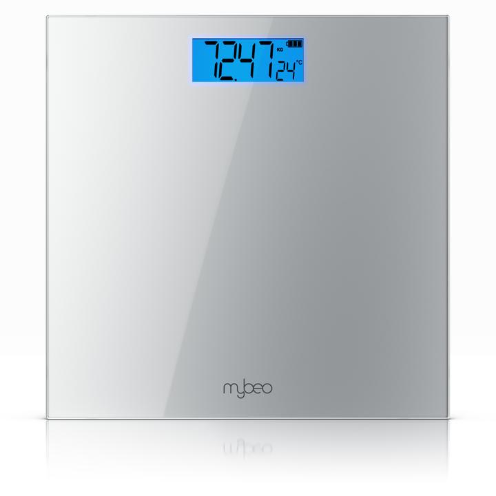 Mybeo Digitale Waage für Personen, grosse Trittfläche aus 6mm Sicherheitsglas, Personenwaage, Digitalwaage (180 kg)