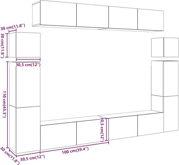 Produktbild VidaXL 8-tlg. TV-Schrank-Set Wandmontage Altholz-Optik Holzwerkstoff