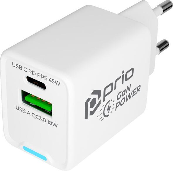 prio Wandladegerät GaN Power 45W PD PPS (USB C) + QC 3.0 (USB A) weiss (45 W)
