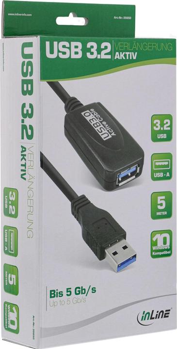 Produktbild InLine USB 3.0 Aktiv-Verlaengerung Stecker A an Buchse A schwarz 5m (5 m, USB 3.2 Gen 1)