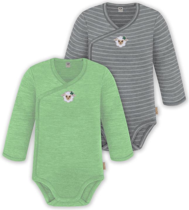 Normani 2er Set Unisex Baby Wickelbody Langarm-Strampler Einteiler aus Merinowolle - 9351