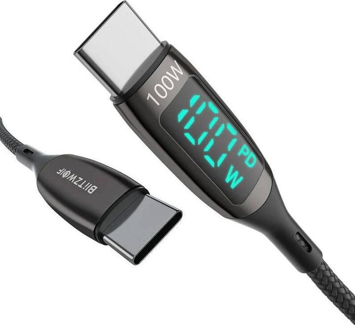 Actual product image BlitzWolf USB-C to USB-C cable BW-TC23, with display, 100W, 0.9m (black) (0.90 m, USB 3.2 Gen 1)