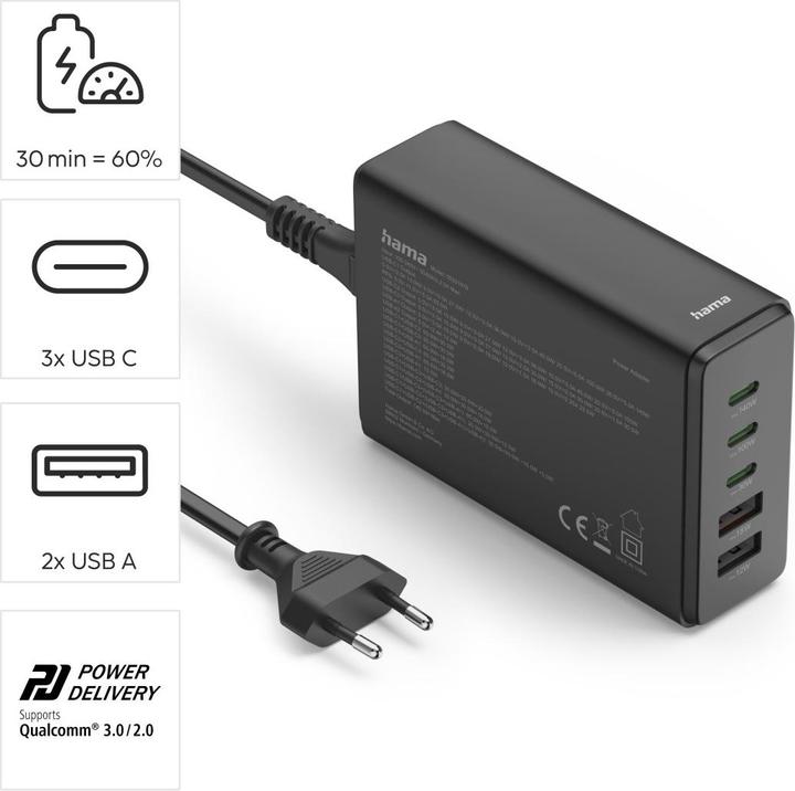 Actual product image Hama Charging station 5 ports, GaN, fast charger, 3xUSB-C, 2xUSB-A, PD, 140 W, SW (140 W)