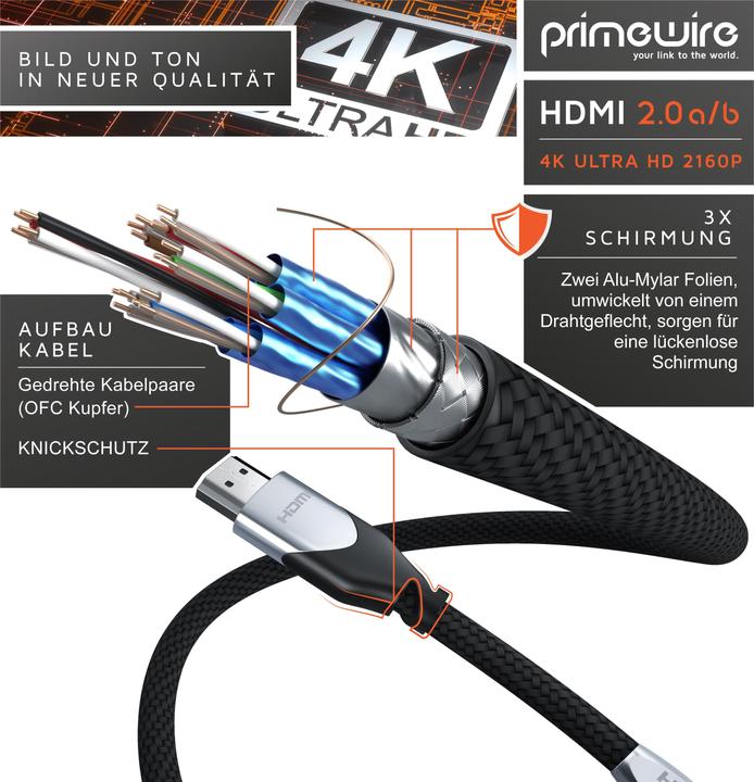 Image du produit Primewire Câble HDMI 2.0b - 4k 60Hz Ultra HD - Ethernet haut débit - triple blindage - Full HD - 3D - ARC (7.50 m, HDMI)