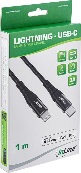 Immagine prodotto InLine Cavo USB-C Lightning, per iPad, iPhone, iPod, nero/alluminio, 2m certificato MFi (2 m, USB 2.0)