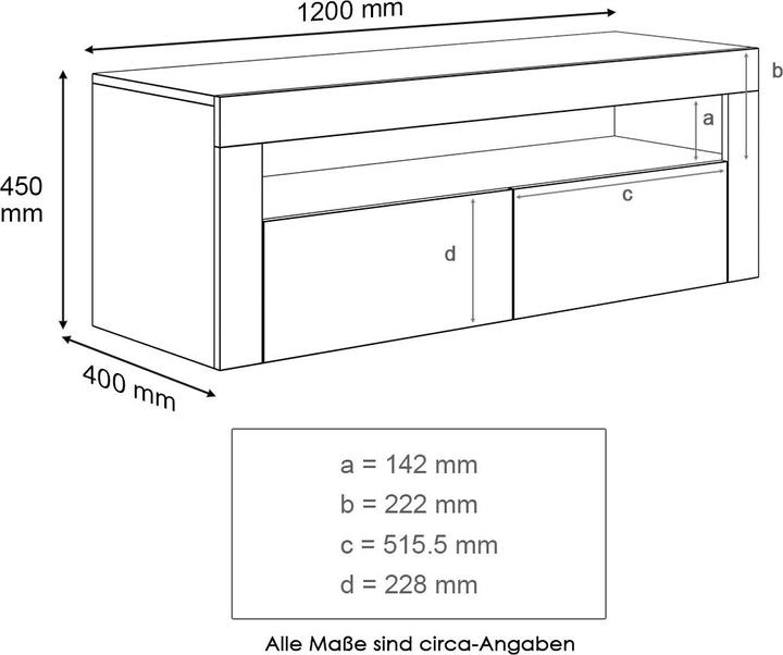Produktbild SONNI TV-Aufsatzschrank mit LED-Beleuchtung (konfigurierbar in 12 Farben), 120 x 40 cm, weisser Hochg (120 x 40 x 45 cm)