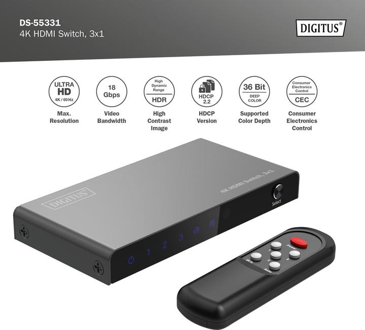 Produktbild Digitus 4K HDMI Switch, 3x1