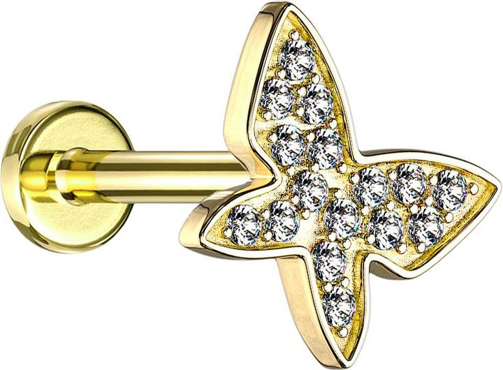 Star Piercing Micro Labret Innengewinde 14k vergoldet Schmetterling mit Kristallen (Messing, Chirurgenstahl 316L)