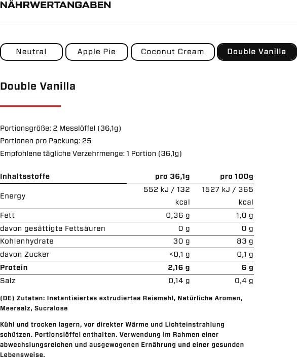 Valori nutrizionali e ingredienti Vast Budino di riso istantaneo (barattolo da 900 g) (Doppia Vaniglia, 1 pz., 900 g)
