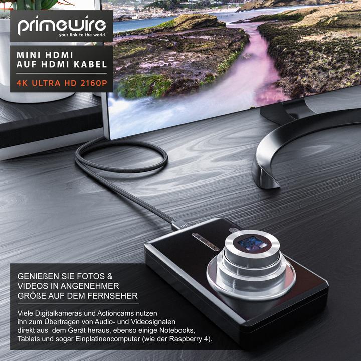Actual product image Primewire Mini HDMI to HDMI cable, Type C to Type A, 4K miniHDMI adapter cable 3840 x 2160 @ 60 Hz, HDR, ARC (2 m, HDMI)