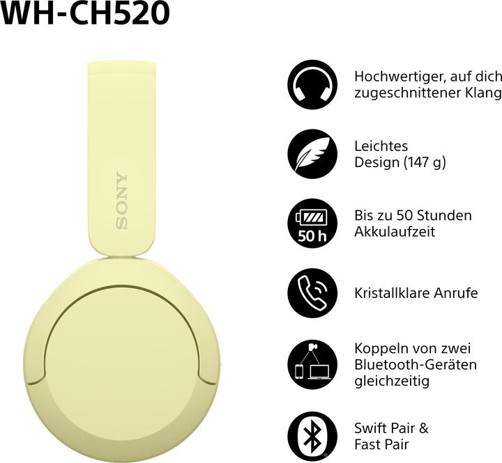 Image du produit Sony WH-CH520 (pas de réduction du bruit, 50 h, Sans fil)