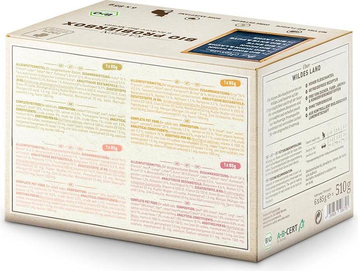 Produktbild Wildes Land Nassfutter Adult BIO Probierbox, 6 x 85 g (Adult, 6 Stk., 620 g)