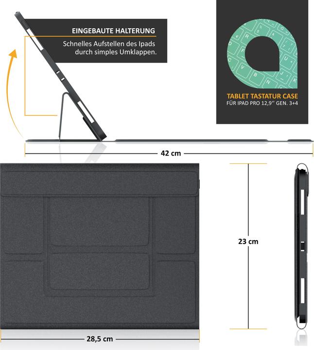 Actual product image Aplic Bluetooth tablet keyboard for iPad Pro 12.9 inch Gen 3 + 4, 500 mAh battery, keyboard with case (DE)