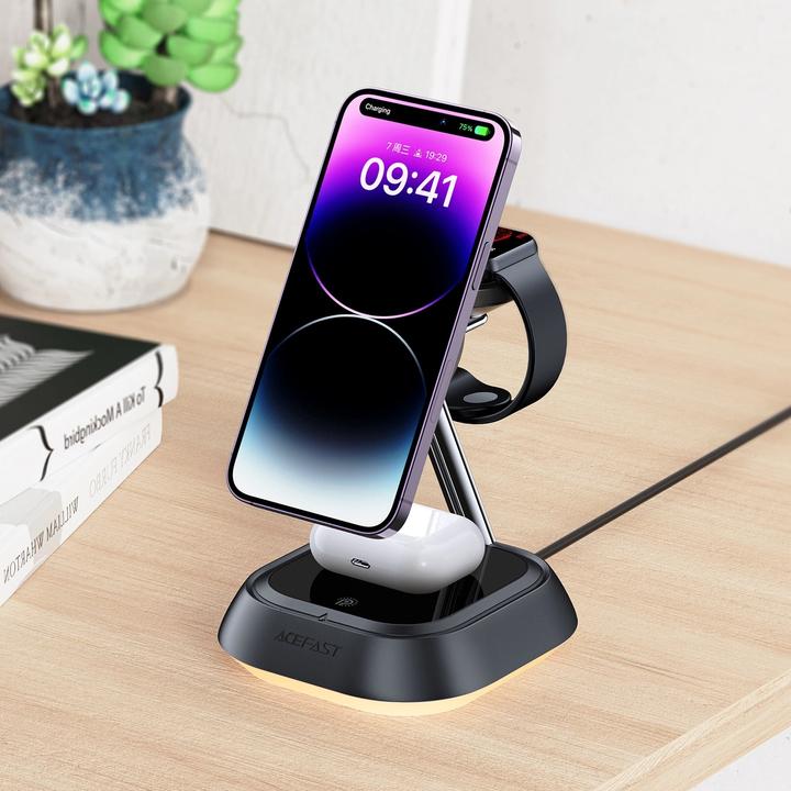 Image du produit Acefast Station de charge inductive 3en1 E16 15W pour téléphone/écouteurs/montre - noir (15 W)