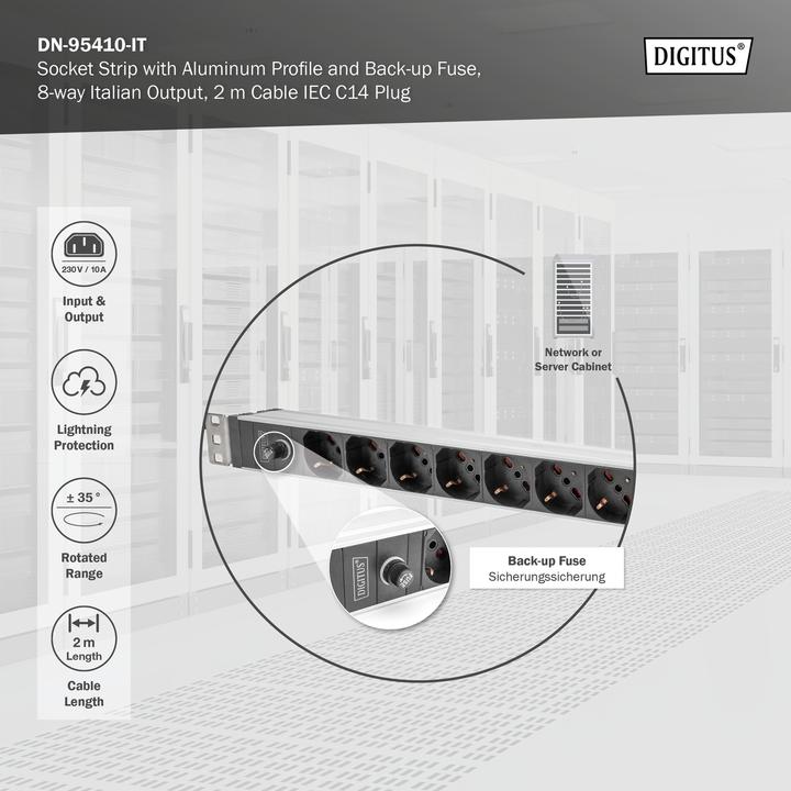 Produktbild Digitus Steckdosenleiste mit Aluminiumprofil und Vorsicherung, 8-fach Italienische Ausgang, 2 m Zuleitung IE