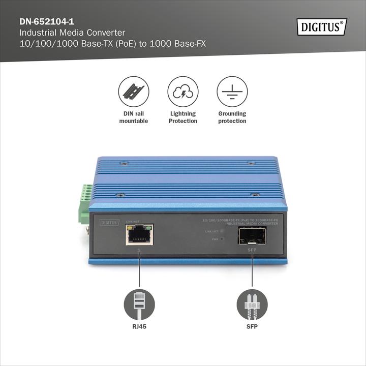 Actual product image Digitus 10/100/1000Base-TX (PoE) to 1000Base-FX Industrial Media Converter (2 Ports)
