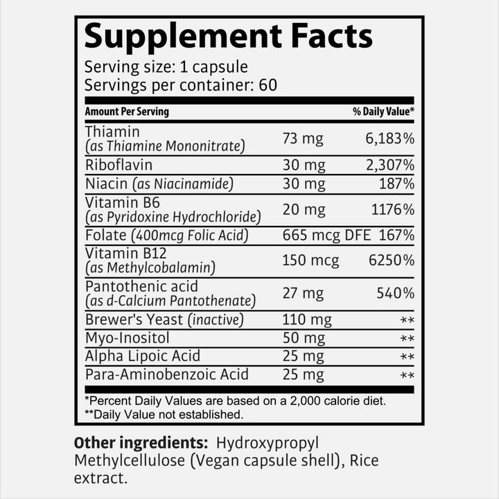 Valeurs nutritives et ingrédients Tasnim B-Complex ESL - Pour votre énergie - 60 capsules (60 pièce(s), Capsules, 38 g)