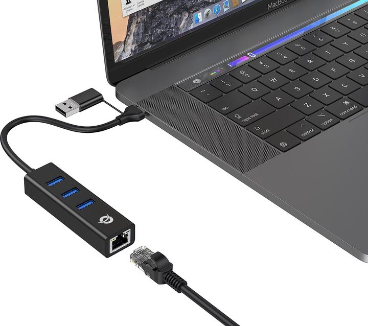 Actual product image Conceptronic Adapter USB3.0-> RJ45,3xUSB3.0,TypeC Ad 0.15m bw (USB-A, USB-C, 3 Ports)