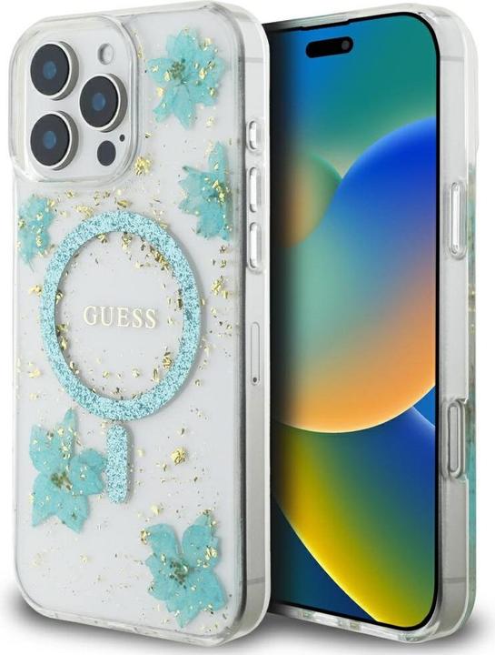 Immagine prodotto Guess Case Resin Flowers Glitter MagSafe for iPhone 16 Pro Max turquoise (Apple iPhone 16 Pro Max)