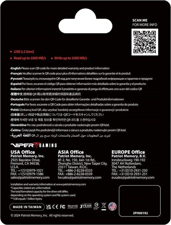 Actual product image Patriot Dysk SSD PVP30 512GB 1000MB/s USB Duo A+C 3.2 Gen2 Alu (512 GB)
