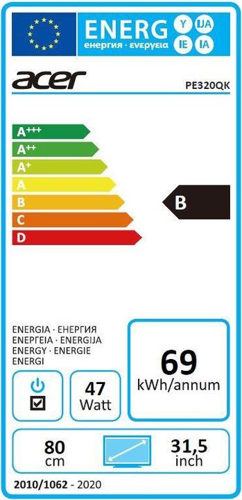Energie-Label Acer PE320QKProDesigner 80cm 31,5Zoll TFT 3840x2160 4K 2xHDMI 2.0 DP Audio Out USB 3.1 Hub DisplayPort... (3840 x 2160 Pixel, 31.50")