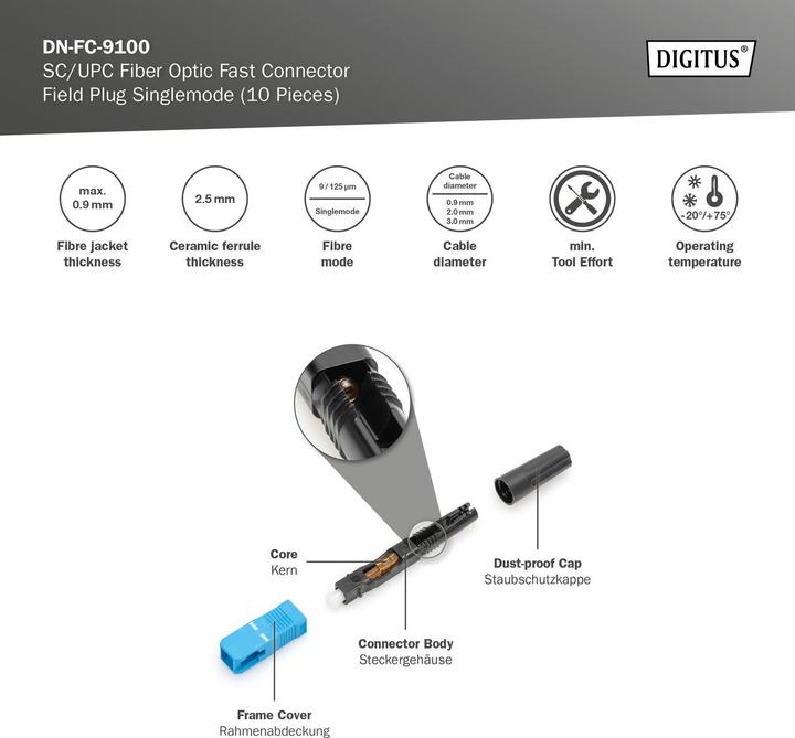 Image du produit Digitus Fiche de terrain fibre optique SC/UPC 10pcs Fast Connector (0.06 m)